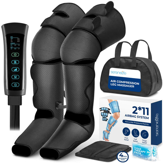 SereneLife Air Compression Leg Massager Full Leg Massager with Heat and Compression Ice Pack Portable and Adjustable with 6 Modes 3 Vibrations 3 Intensities 11 Airbags for Thigh Calf Foot Massage